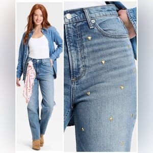 NWT Highest-Rise Vintage Straight Metallic Hearts Embellished Stretch Jeans 4L